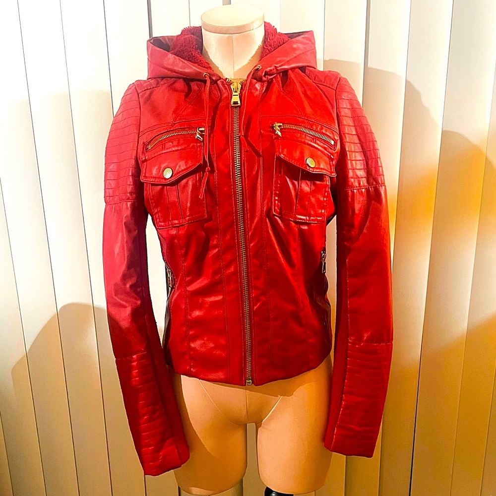 Red Leather Hooded Jacket